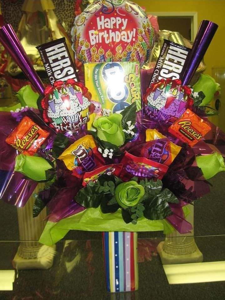 Happy Birthday candy bouquet with sparkling cider and balloons