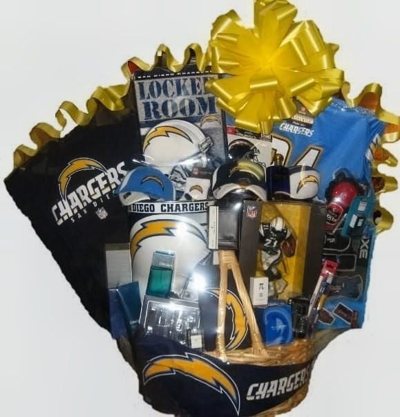 Los Angeles Chargers fan basket with cap, snacks, and fan gear
