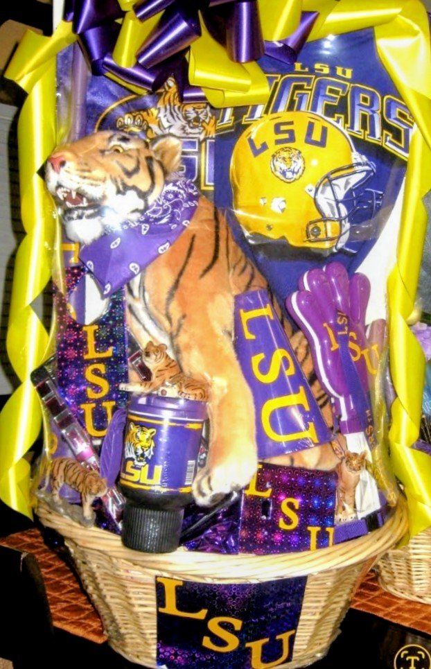 LSU Tigers college gift basket with purple and gold fan gear and tiger plush