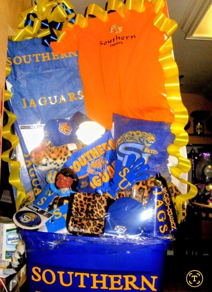 Southern Jaguars college gift basket with blue and gold fan gear and jaguar plush