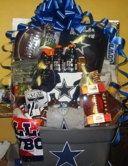 Dallas Cowboys game-day tub with football, drinks, hat, and fan gear