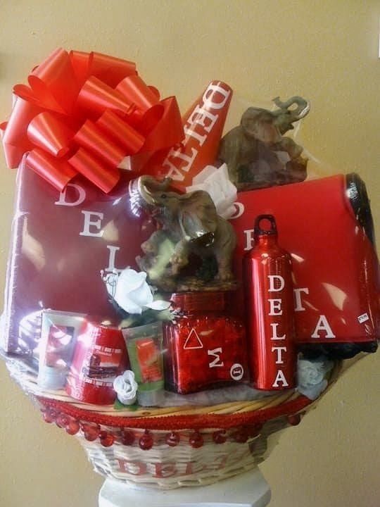 Delta Sigma Theta red and white sorority basket with elephant and gifts