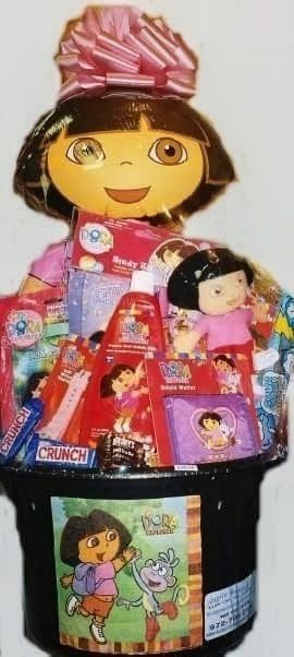 Dora the Explorer gift basket with doll, balloon, and treats