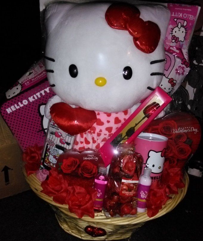 Hello Kitty gift basket with plush, accessories, and treats