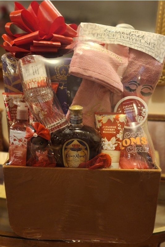 Men's red romance basket with prayer towel set, Crown Royal, Hennessy, and grooming products