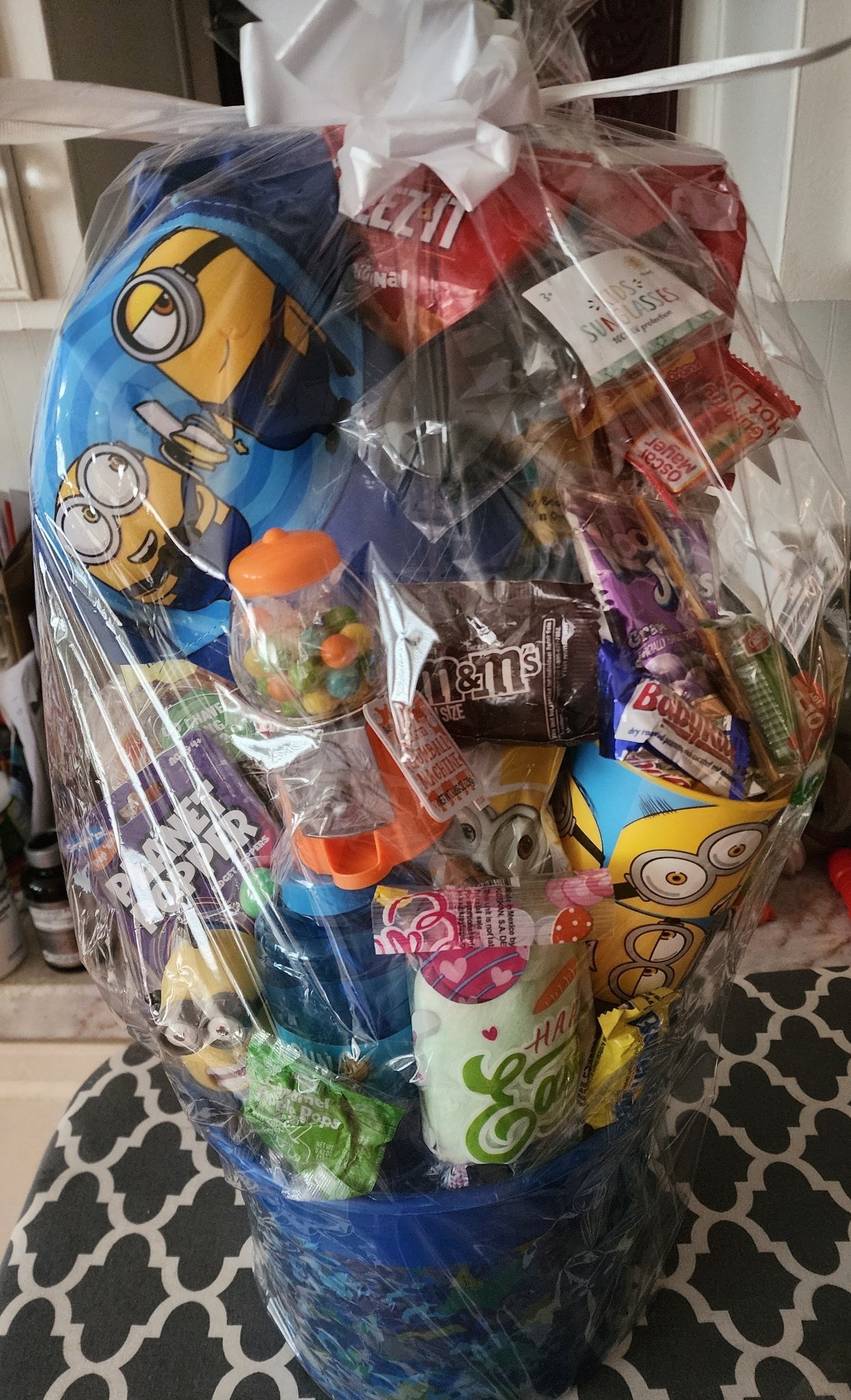 Minions gift basket with plush and treats