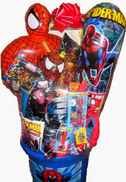 Spider-Man gift basket with balloon, plush, and treats