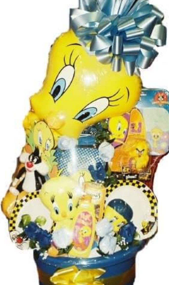 Tweety Bird gift basket with balloon, plush, and treats