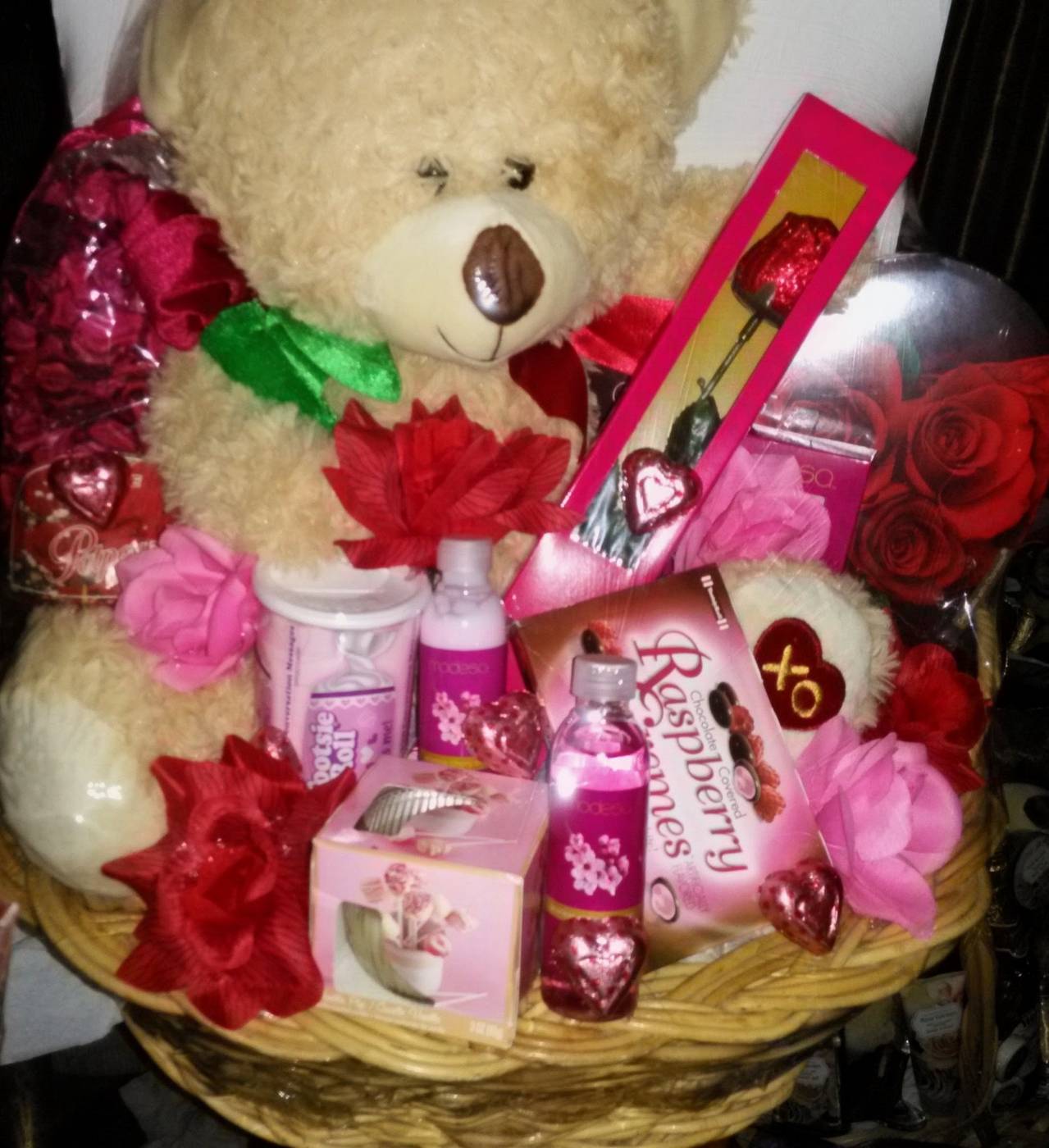 Valentine basket with beige teddy bear, bath products, roses, and chocolates