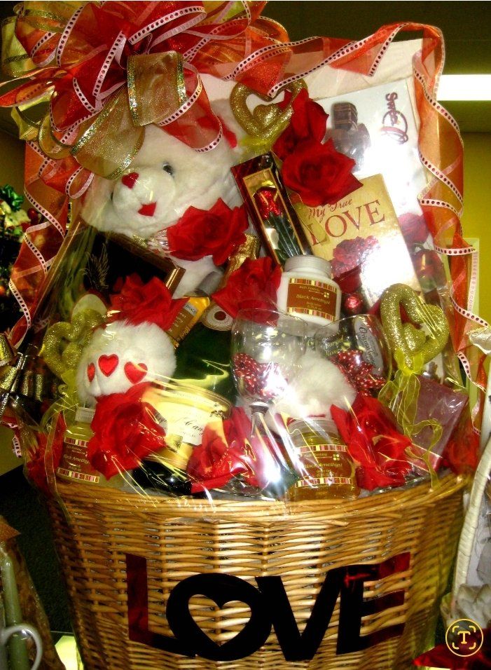LOVE Valentine basket with white teddy bear, red bows, and bath gifts
