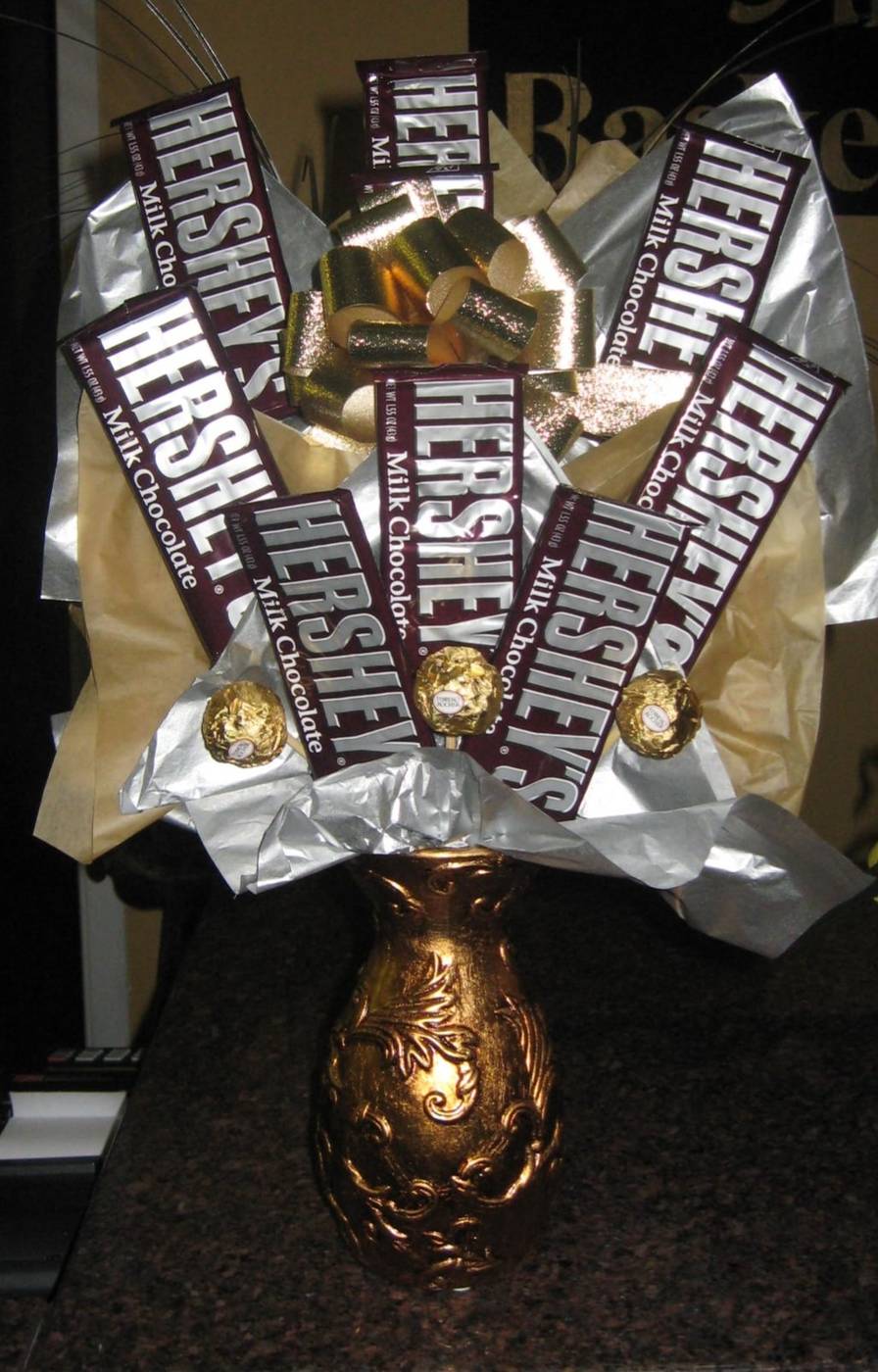 Hershey's chocolate bar bouquet in a gold vase with Ferrero Rocher