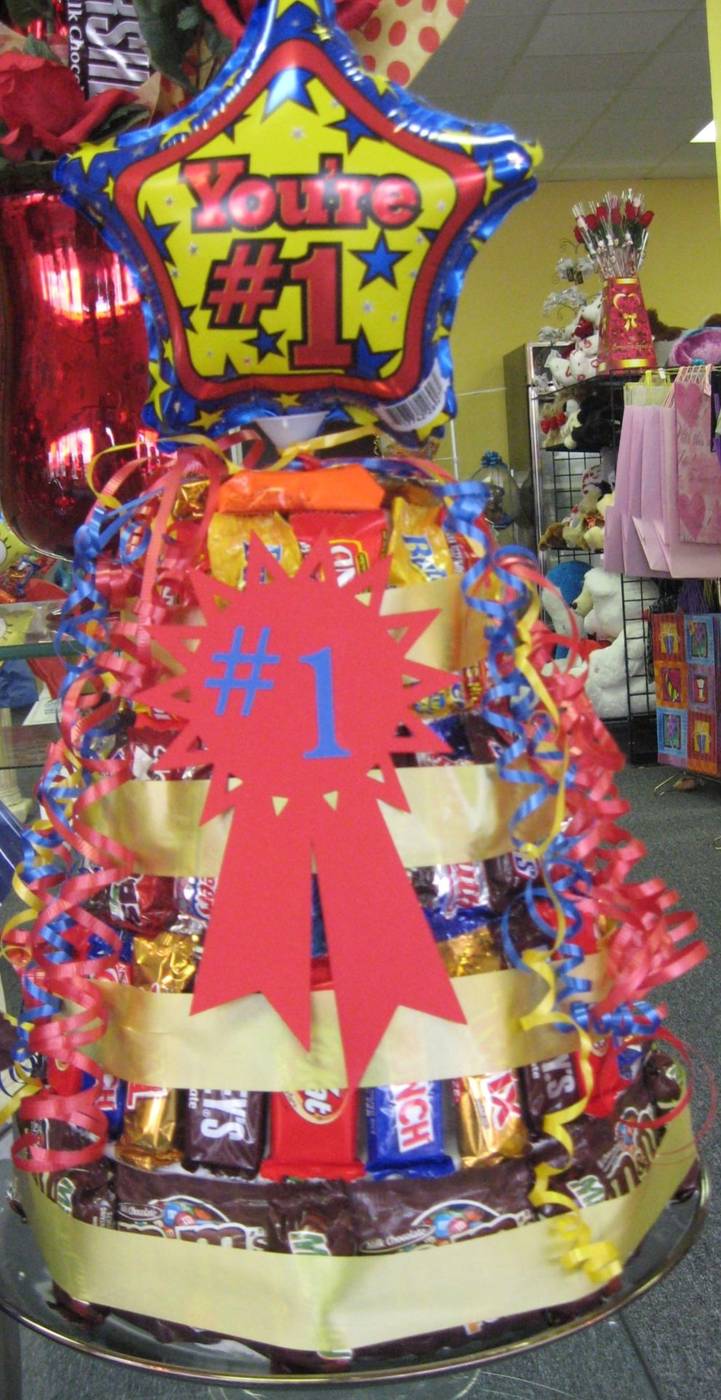 You're #1 candy bar cake with balloon and ribbons