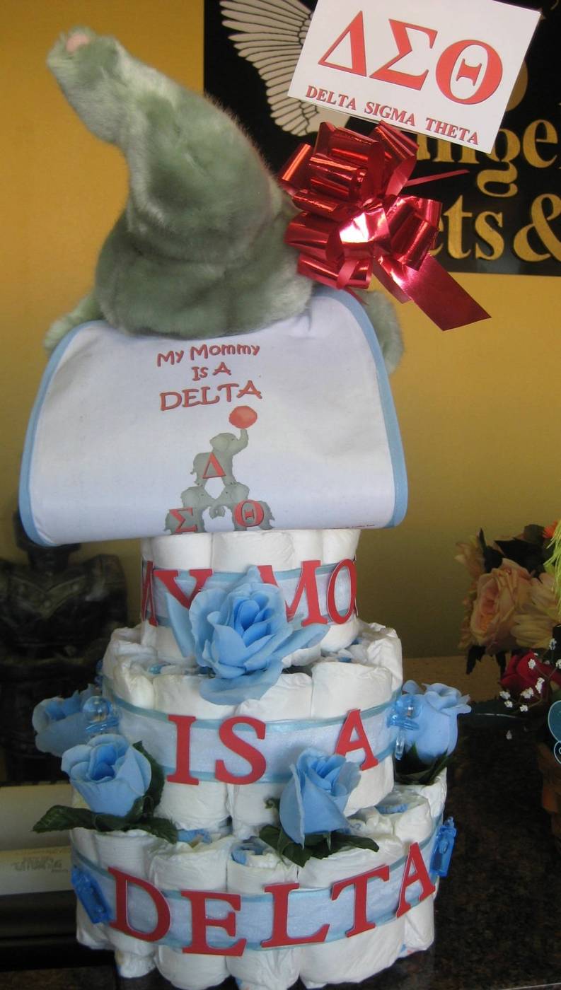 Delta Sigma Theta diaper cake with elephant plush and blue roses