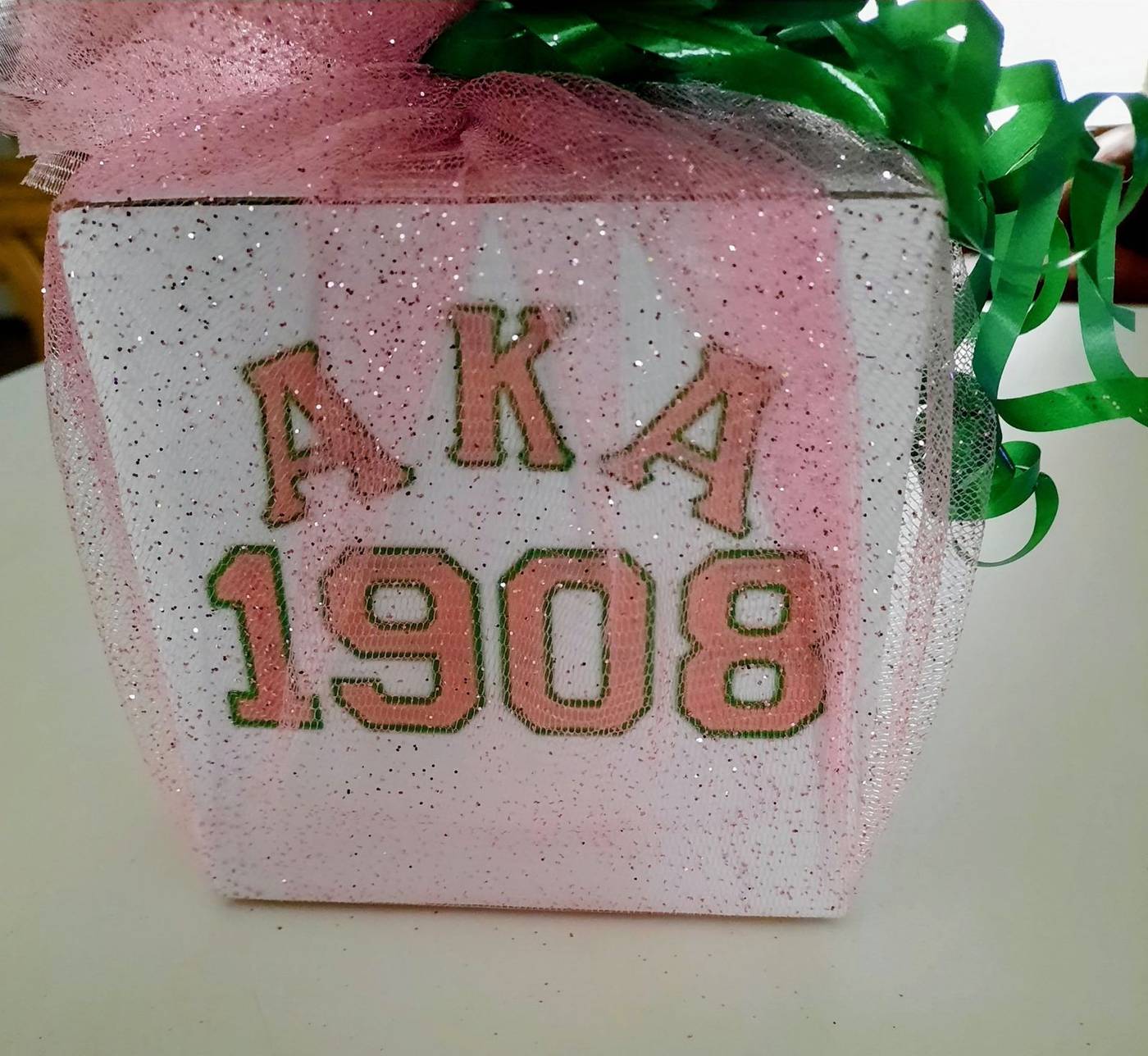 Alpha Kappa Alpha 1908 pink and green party favor box