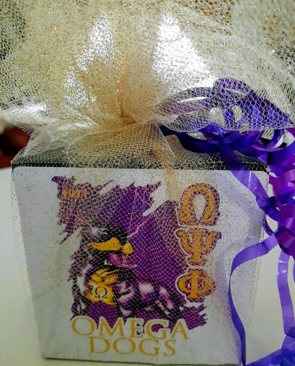 Omega Dogs purple and gold party favor box