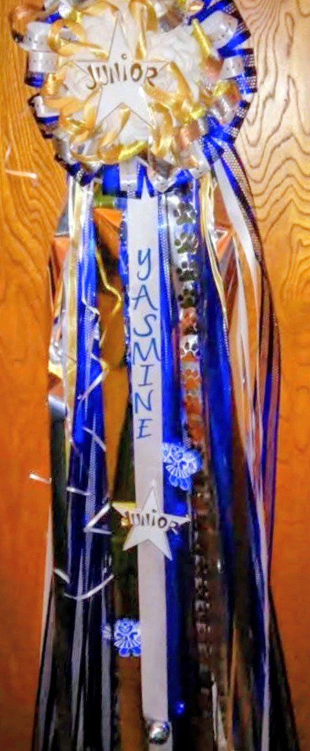 Blue gold and silver homecoming junior mum with name ribbon