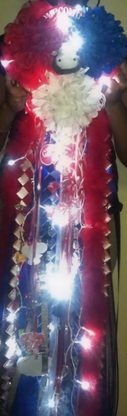 Red and blue homecoming mum decorated with glowing lights