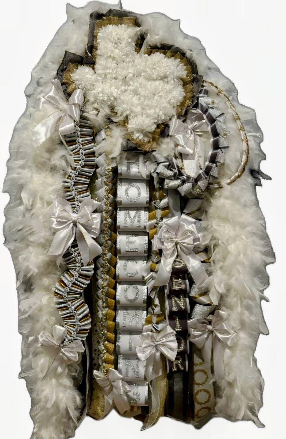 White silver and gold senior homecoming mum with feathers and bows