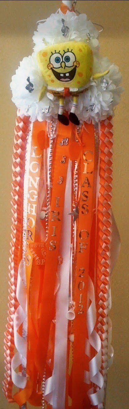 SpongeBob homecoming mum in orange and white with Longhorns and Class of 2012 ribbons