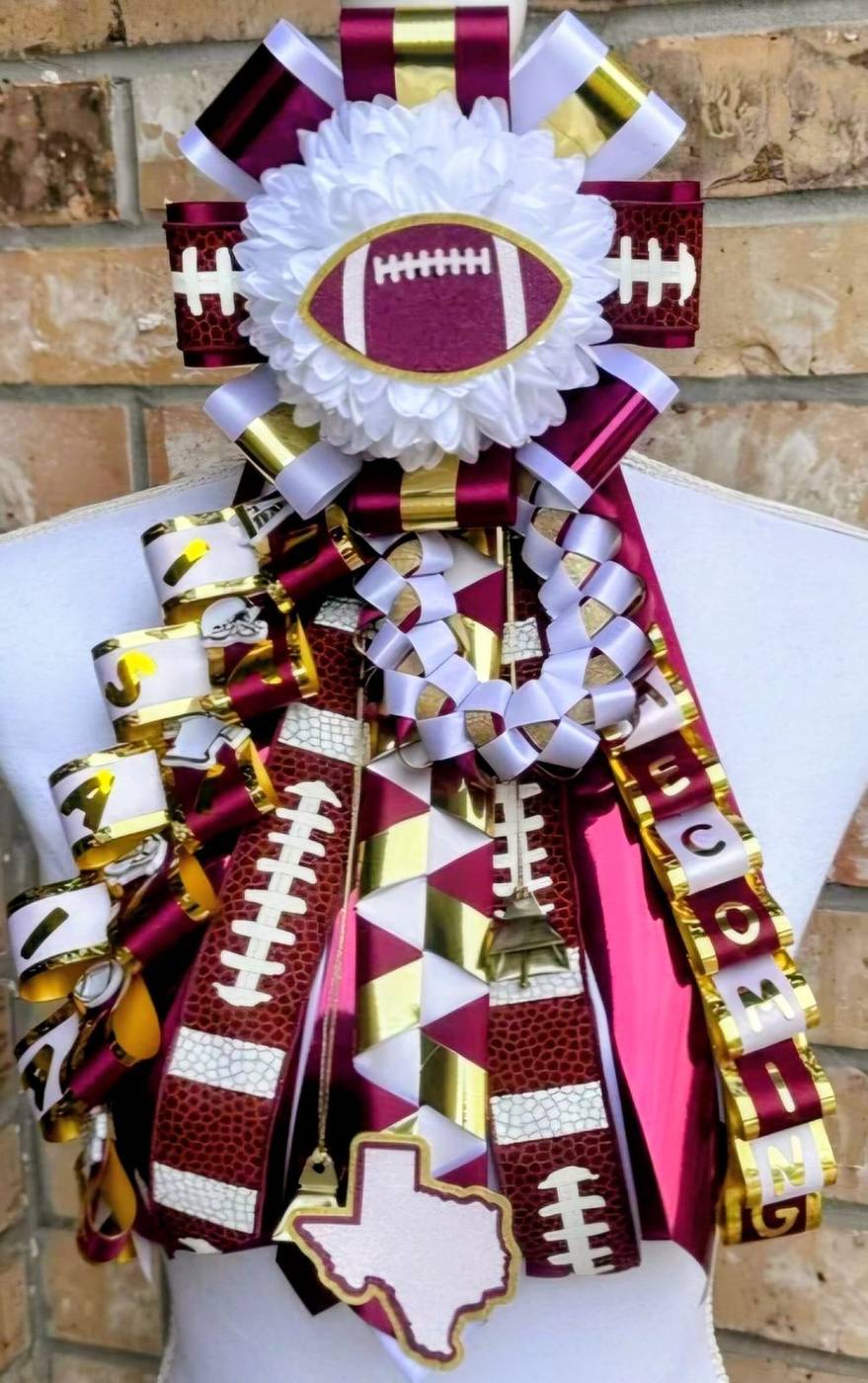 Maroon white and gold football homecoming mum with Texas charm