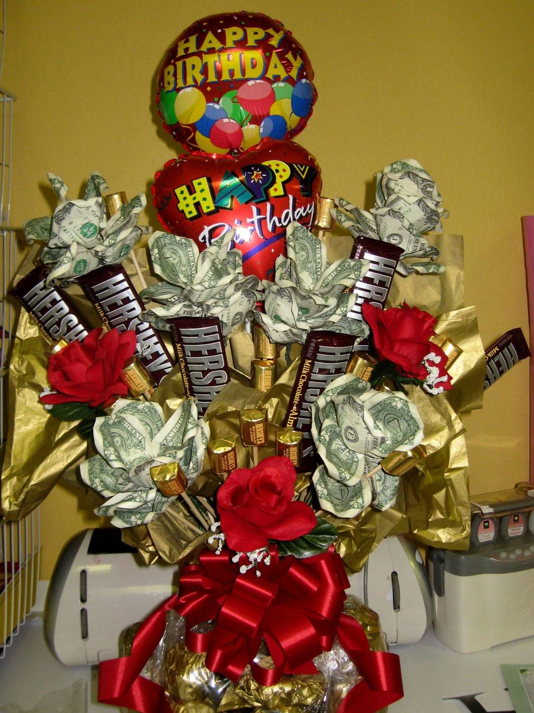 Happy Birthday money bouquet with Hershey's bars, money roses and red roses