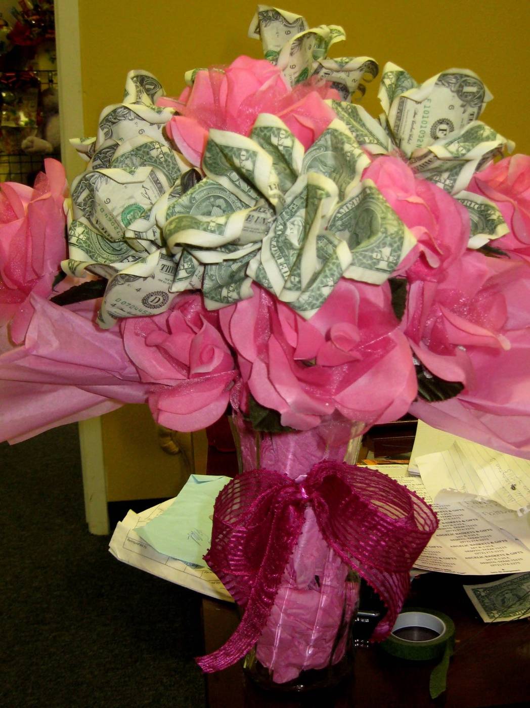 Pink money bouquet with pink roses and money roses