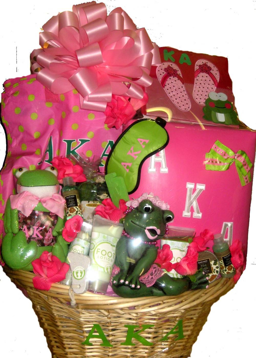 Alpha Kappa Alpha gift basket with frogs, foot lotion and sleep mask