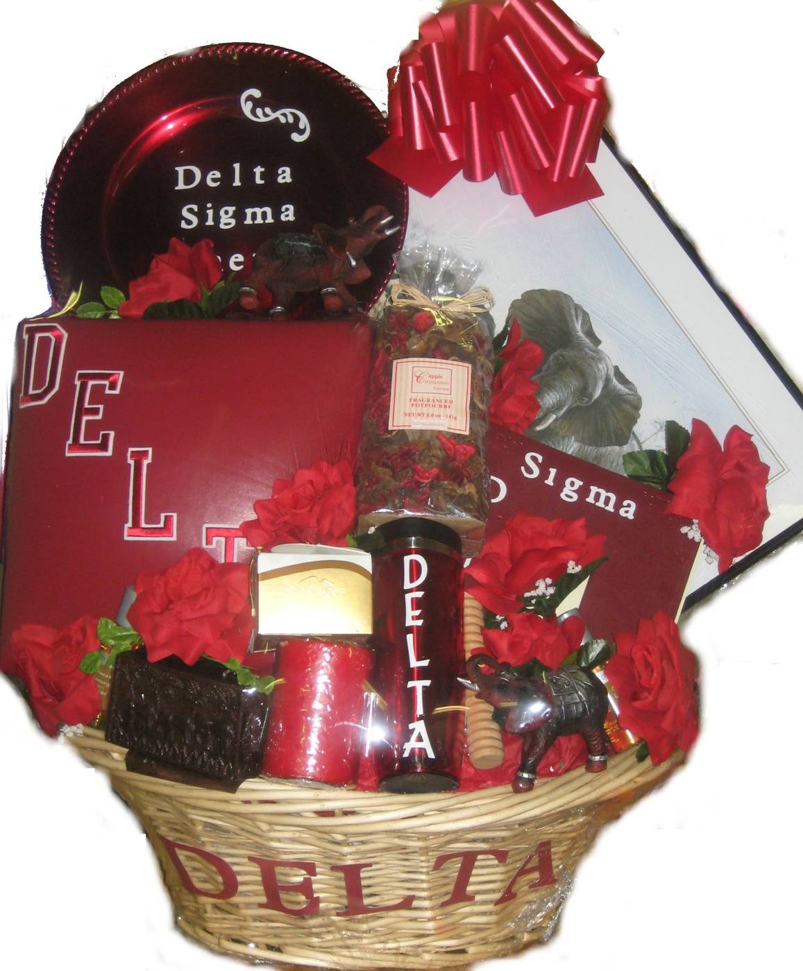 Delta Sigma Theta gift basket with elephant figurine and red roses