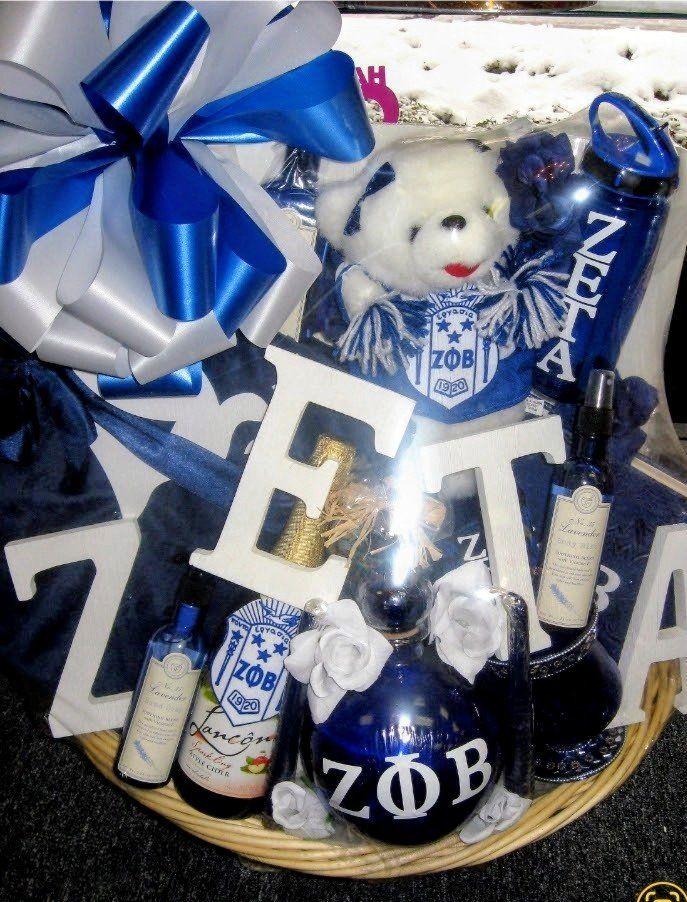 Zeta Phi Beta blue and white gift basket with teddy bear and ZΦB gear
